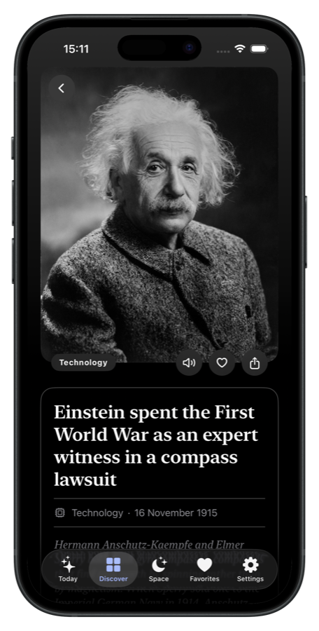 Daily Science app showing a daily science story about Einstein