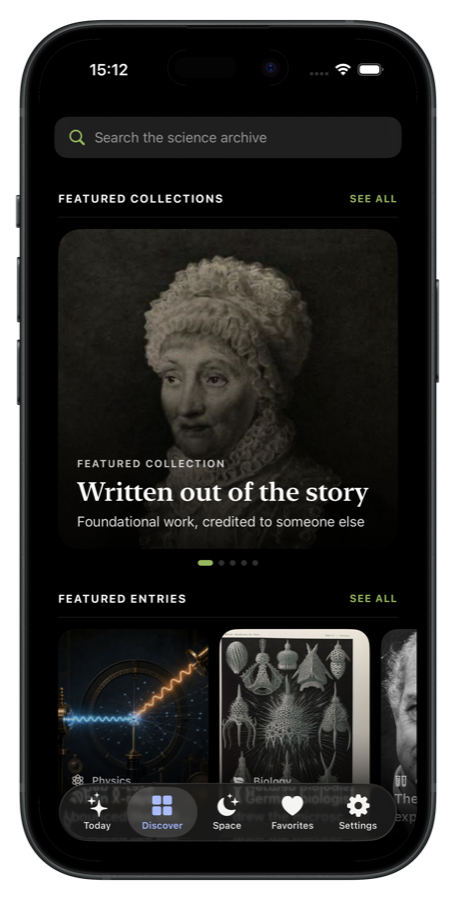 Daily Science app's Discover tab showing the archive and featured collections