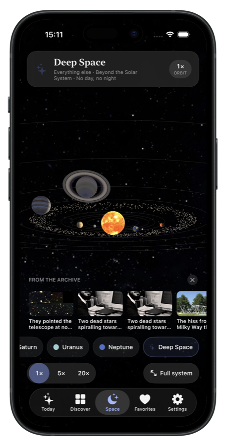 Daily Science app's Space tab showing an interactive Solar System